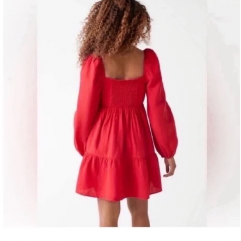 & OTHER STORIES Linen Peasant Dress Cottagecore Puff Sleeve Red Ruffle 4 EUR 36 - Picture 3 of 10